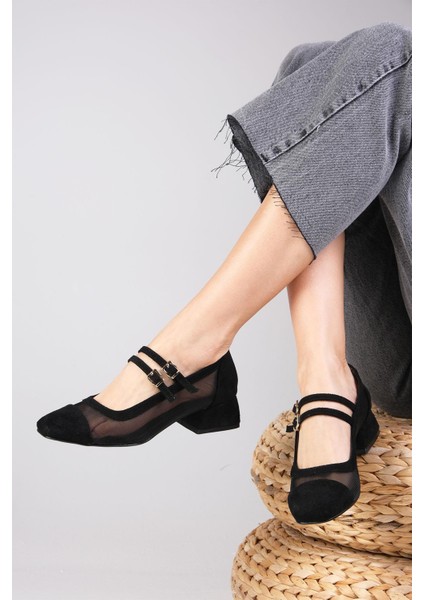 Isabel Siyah Renk Süet Küt Burunlu File Detaylı Kadın Kısa Topuklu Ayakkabı fırsatları