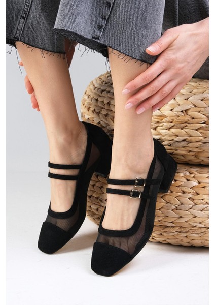 Isabel Siyah Renk Süet Küt Burunlu File Detaylı Kadın Kısa Topuklu Ayakkabı indirimleri