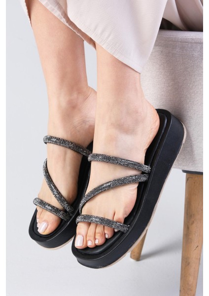 Palmira Siyah Renk Küt Burunlu Şişme Bantlı Kadın Düz Terlik modelleri