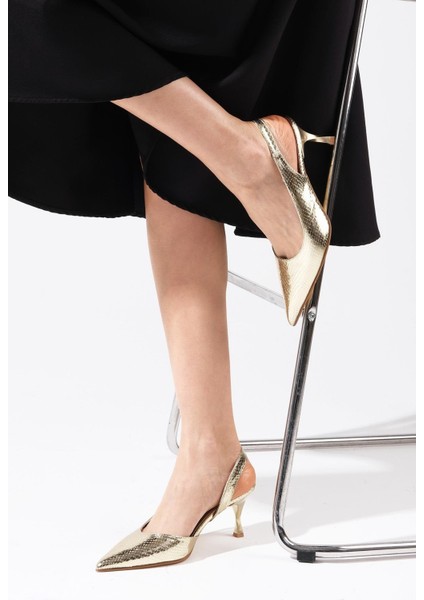 Clarice Altın Renk Yılan Derisi Desenli Kadın Topuklu Ayakkabı