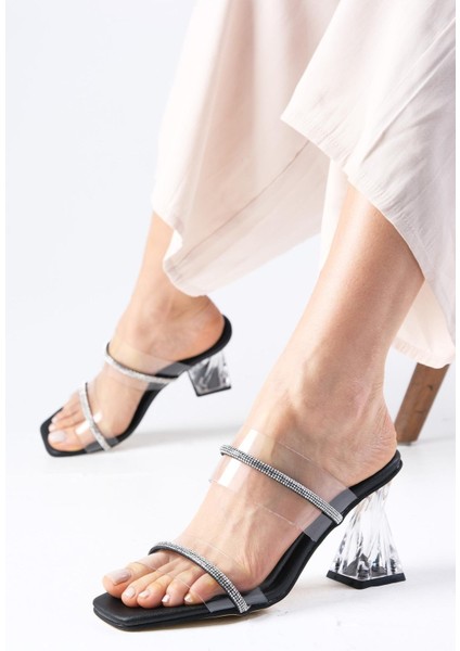 Latoya Siyah Renk Taşlı Şeffaf Kadın Topuklu Terlik