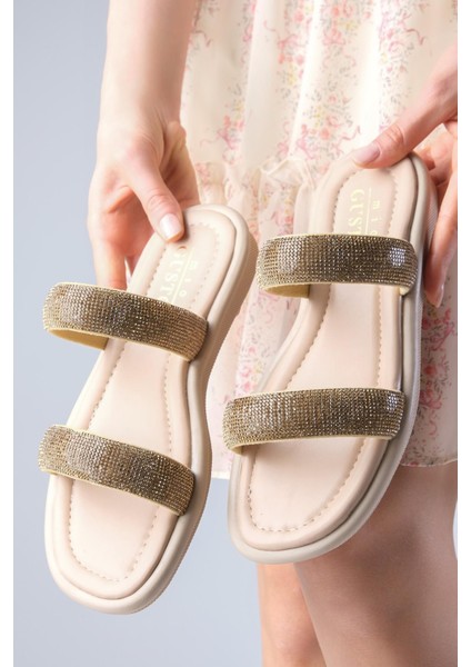 Regina Ten Rengi Çift Bantlı Taşlı Kadın Düz Terlik modelleri