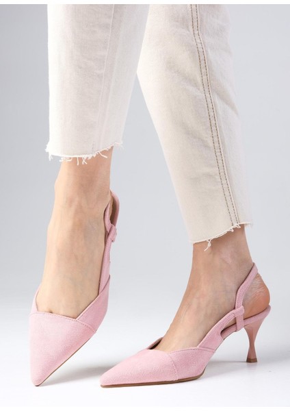 Megan Pudra Renk Sivri Burunlu Arkası Açık Kalın Topuklu Ayakkabı