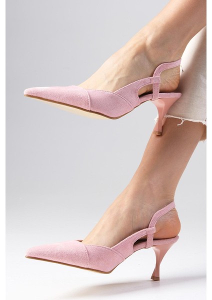 Megan Pudra Renk Sivri Burunlu Arkası Açık Kalın Topuklu Ayakkabı modelleri