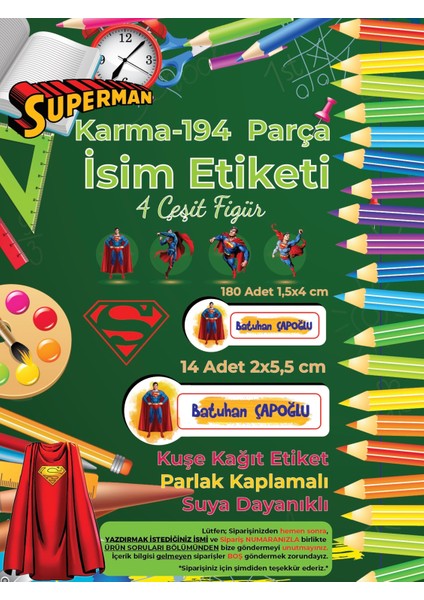 Okul Etiketi Kalem Defter Etiketi, Supermen V2 Etiketi - 194 Adet Kuşe Sticker fiyatları