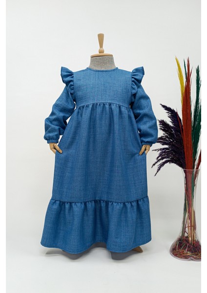 Kız Çocuk Tesettür Elbise Asude Model Mavi