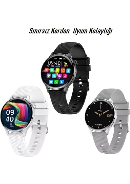Tekno Trust 42 mm Gt3 Mini Akıllı Saat Yuvarlak Ekran Gt3 Mini Bayan Saati Ekstra Deri Kordon (Beyaz) Siyah Ith