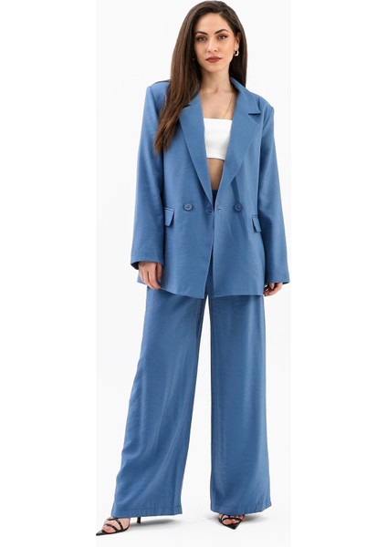 Kruvaze Yaka Parlak Keten Blazer Ceket - Indigo fiyatları
