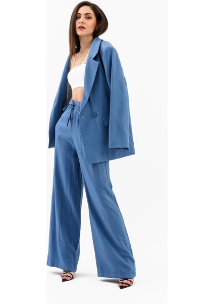 Kruvaze Yaka Parlak Keten Blazer Ceket - Indigo fırsatları