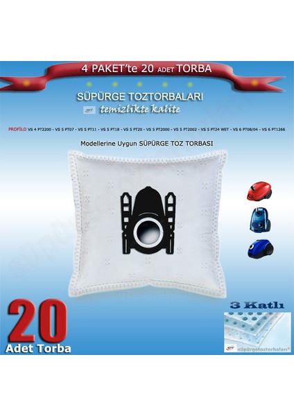 Profilo Vs 4 PT2200 - Vs 5 PT07 - Vs 5 PT11 - Vs 5 PT18 - Vs 5 PT20 - Vs 5 PT2000 - Vs 5 PT2002 - Vs 5 PT24 Wet - Vs 6 PT08/04 - Vs 6 PT1266 Modellerine Uygun 20 Adet Süpürge Toz Torbası 200620