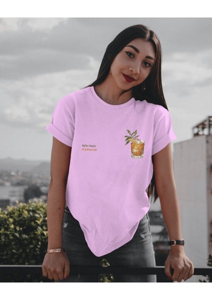 Old Fashioned Kokteyl Tasarım Relaxed Fit Kadın Ön-Arka Baskılı Tişört modelleri