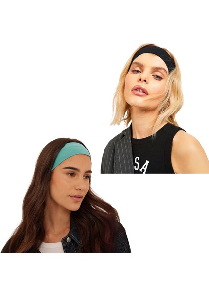2'li Saç Bandı Seti - Kombin Esnek Kaymaz Günlük Moda Kadın ve Erkek Yoga Pilates Tenis Koşu Trekking Squat Fitness Spor Saç Bantları - Makyaj Yüz Yıkama Cilt Bakımı 2'li Saç Bandı Seti Turkuaz & Siyah