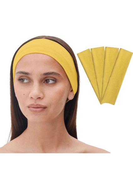 4'lü Spor Saç Bantları - Elastik Kaymaz İnce Saç Ter Kafa Bandı Bandana, Kadın & Erkek Koşu Fitness Yoga Pilates Makyaj Yüz Yıkama Atletik Egzersiz 4'lü Saç Bandı Seti Koyu Sarı