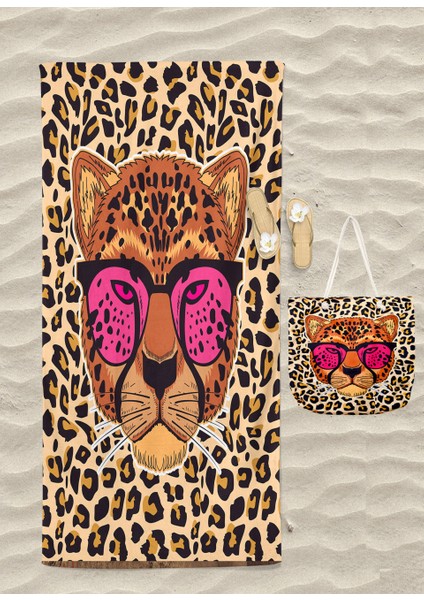 Leopar Desenli Plaj Havlusu ve Plaj Çantası Set Banyo Havlusu Dijital Baskılı Havlu