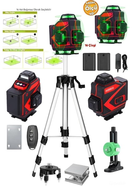 16 Köşe 4d Lazer Metre Terazi 360 Tripodlu Çapraz Çizgi Yeşil Yapı İnşaat Alan Ölçüm