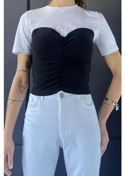 Kadın Siyah-Beyaz Renk Sandy Karnili Dar Kalıp Crop Tişört T-Shirt fiyatları