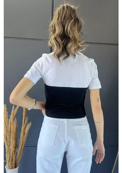 Kadın Siyah-Beyaz Renk Sandy Karnili Dar Kalıp Crop Tişört T-Shirt modelleri
