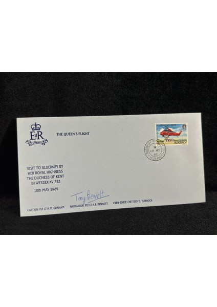 Ingiltere Kraliyet Kraliçe Uçuşu Ilk Gün Zarfı 1985 The Queens Flight Fdc Guernsey Tony Bennett Islak Imzalı
