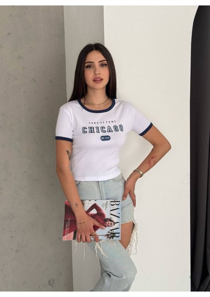 Chicago Yazılı Baskılı Bisiklet Yaka Kısa Kollu Kadın Crop T-Shirt