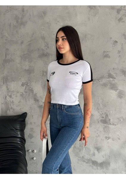 Chicago Yazılı Baskılı Bisiklet Yaka Kısa Kollu Kadın Crop T-Shirt