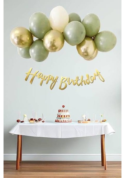 Küf Yeşili Deniz Kumu Krom Gold Konsept Renkler Doğum Günü Balon Zinciri Happy Birthday Banner