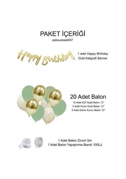 Küf Yeşili Deniz Kumu Krom Gold Konsept Renkler Doğum Günü Balon Zinciri Happy Birthday Banner