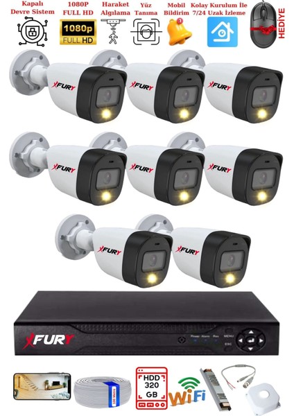 8 Kameralı 5mp Lens 2 Mp Görüntü Gece Renkli Full Hd Ultra LED Akıllı Güvenlik Kamerası Seti 320GB