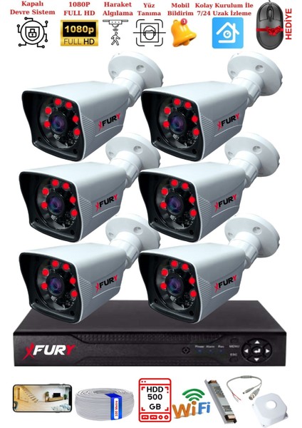 6 Kameralı 2mp Full Hd Görüntü 6 Atom LED Gece Görüşlü Dış Mekan Güvenlik Kamerası Seti 500GB