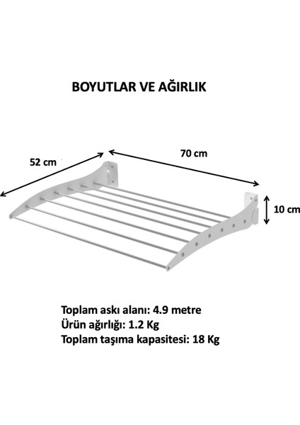 Le Moduler Roma Çamaşır Kurutma Askısı - Duvara Monte Katlanabilir Kurutmalık - 70 cm