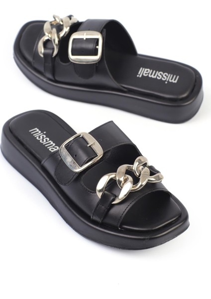 Ivanova Kadın Terlik Çift Bantlı Zincirli Siyah Deri