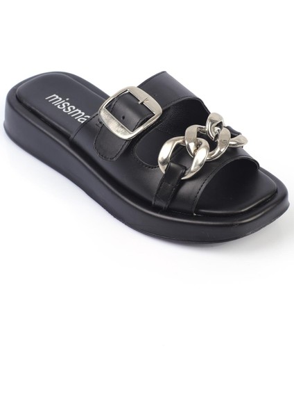 Ivanova Kadın Terlik Çift Bantlı Zincirli Siyah Deri modelleri