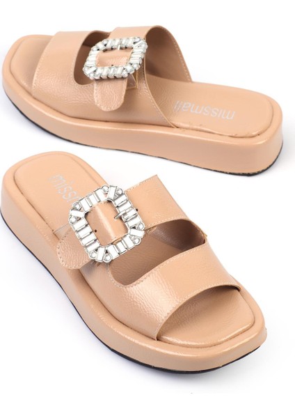 Linca Kadın Terlik Bantlı Tokalı Nude Deri