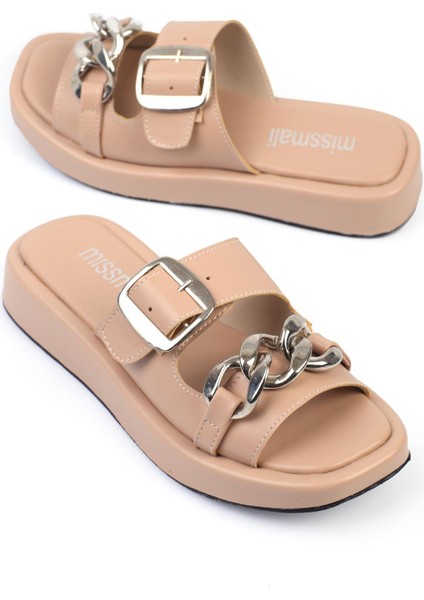 Ivanova Kadın Terlik Çift Bantlı Zincirli Nude Deri