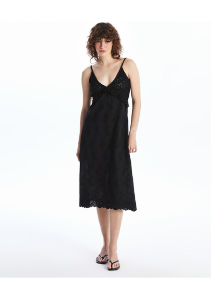 Amadora - Triko ve Keten Kumaş Birleşimli Yazlık Elbise - Siyah