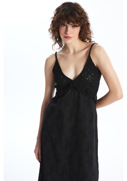 Amadora - Triko ve Keten Kumaş Birleşimli Yazlık Elbise - Siyah fiyatları