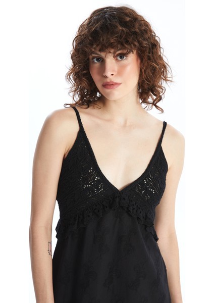 Amadora - Triko ve Keten Kumaş Birleşimli Yazlık Elbise - Siyah modelleri