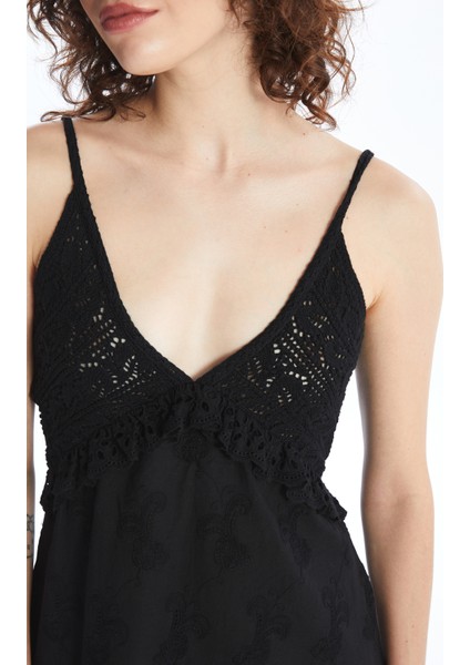 Amadora - Triko ve Keten Kumaş Birleşimli Yazlık Elbise - Siyah fırsatları