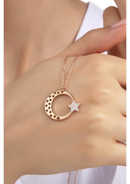 Kadın Orjinal 925 Ayar Gümüş Zirkon Taşlı Ay Yıldız Model Kolye