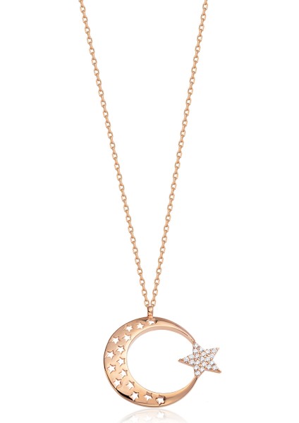 Kadın Orjinal 925 Ayar Gümüş Zirkon Taşlı Ay Yıldız Model Kolye fiyatları