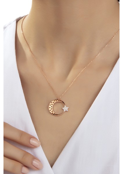 Kadın Orjinal 925 Ayar Gümüş Zirkon Taşlı Ay Yıldız Model Kolye modelleri