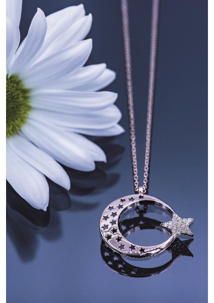 Kadın Orjinal 925 Ayar Gümüş Zirkon Taşlı Ay Yıldız Model Kolye fırsatları