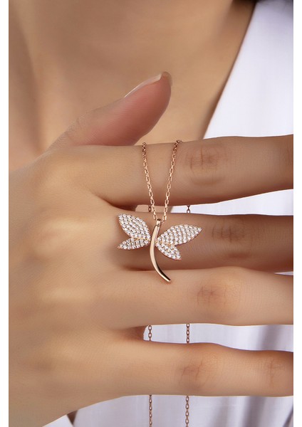 Kadın Orjinal 925 Ayar Gümüş Zirkon Taşlı Yusufçuk Kelebek Model Kolye