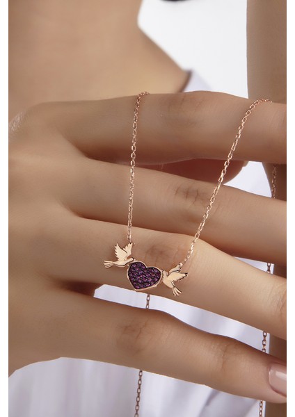 Kadın Orjinal 925 Ayar Gümüş Zirkon Taşlı Kalp Kuş Model Kolye