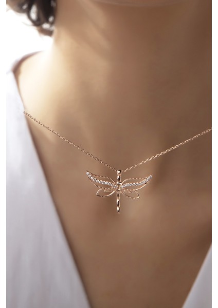 Kadın Orjinal 925 Ayar Gümüş Zirkon Taşlı Yusufçuk Kelebek Model Kolye