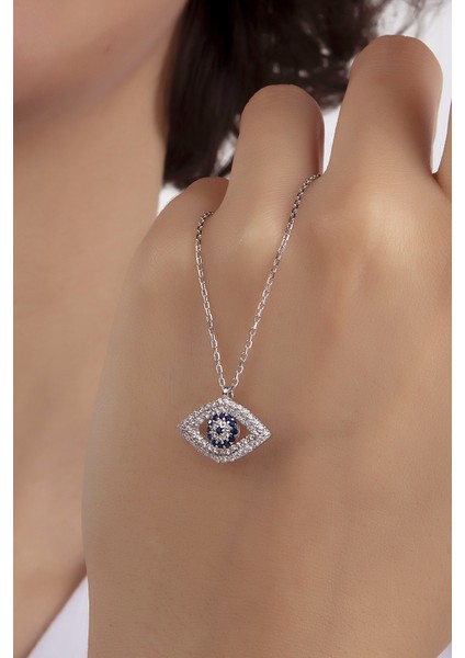 Kadın Orjinal 925 Ayar Gümüş Zirkon Taşlı Yuvarlak Göz Nazar Model Kolye