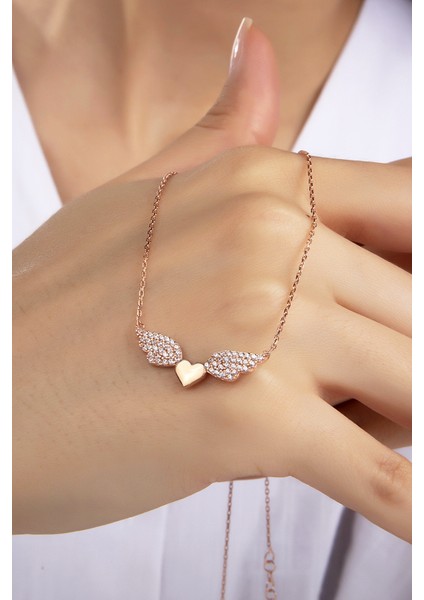 Kadın Orjinal 925 Ayar Gümüş Zirkon Taşlı Kalp Melek Kanat Model Kolye