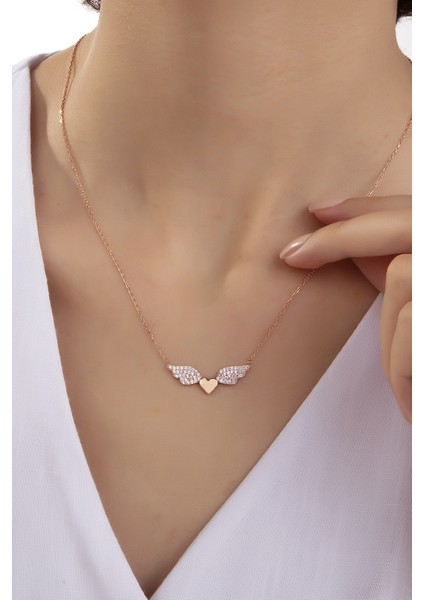 Kadın Orjinal 925 Ayar Gümüş Zirkon Taşlı Kalp Melek Kanat Model Kolye modelleri