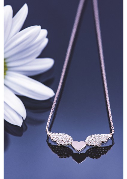 Kadın Orjinal 925 Ayar Gümüş Zirkon Taşlı Kalp Melek Kanat Model Kolye fırsatları