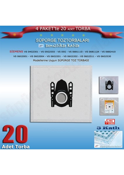 Siemens VS04G2301 - VS05G2555 - VS05G - VS06B1110 - VS06B112A - VS06B2410 - VS06G2001 - VS06G2004 - VS06G2201 - VS06G2202 - VS06G2511 - VS06G2530 Modellerine Uygun 20 Adet Süpürge Toz Torbası 200620
