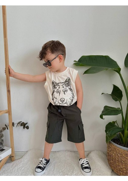 Paraşüt Kumaş Kurt Motifli Şort T-Shirt Gömlek 3'lü Takım